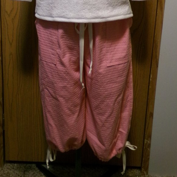 NEW RIP Stop Denim Capris sz 12 Pink patterned Casual pants Drawstring waist - Picture 7 of 14